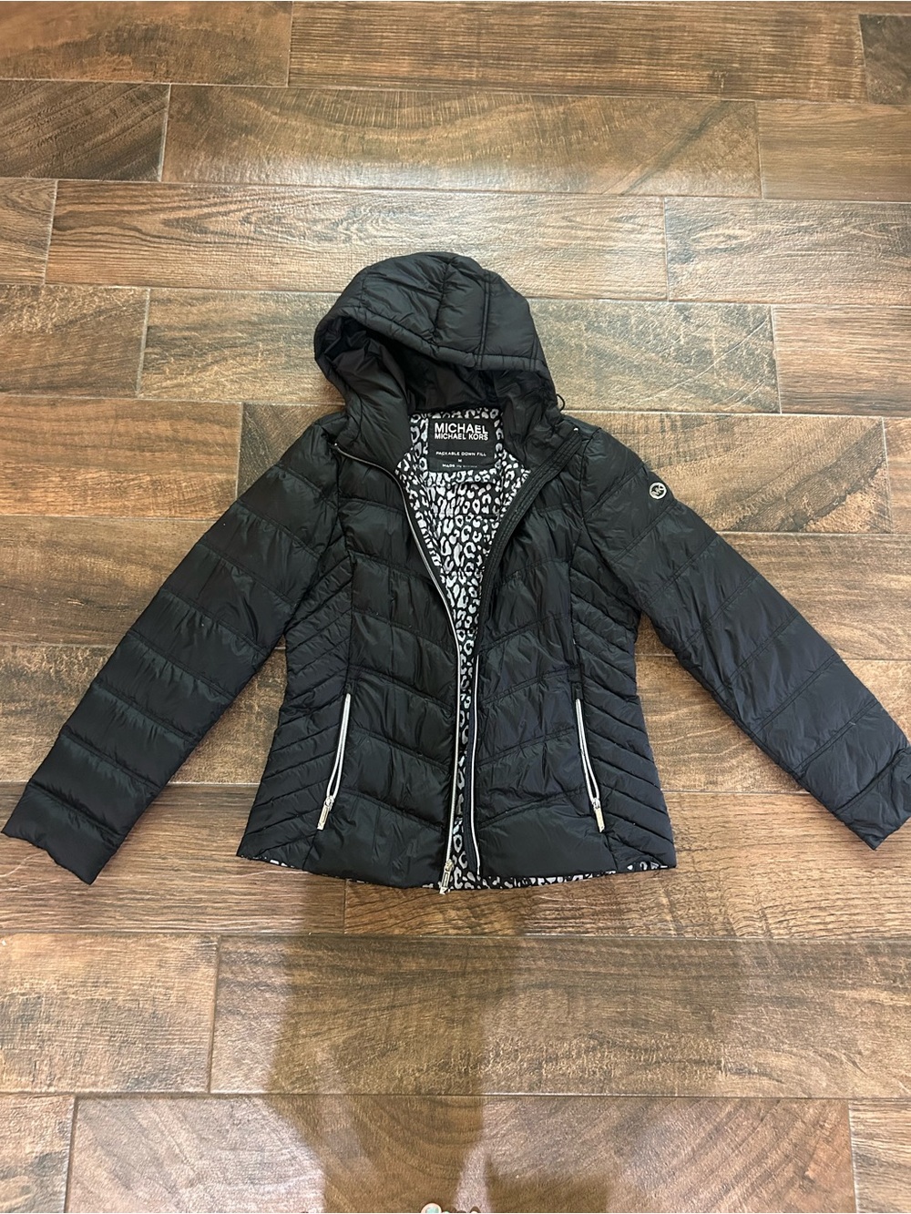 Michael Kors Black Quilted Hooded Puffer with Leopard-Print Lining